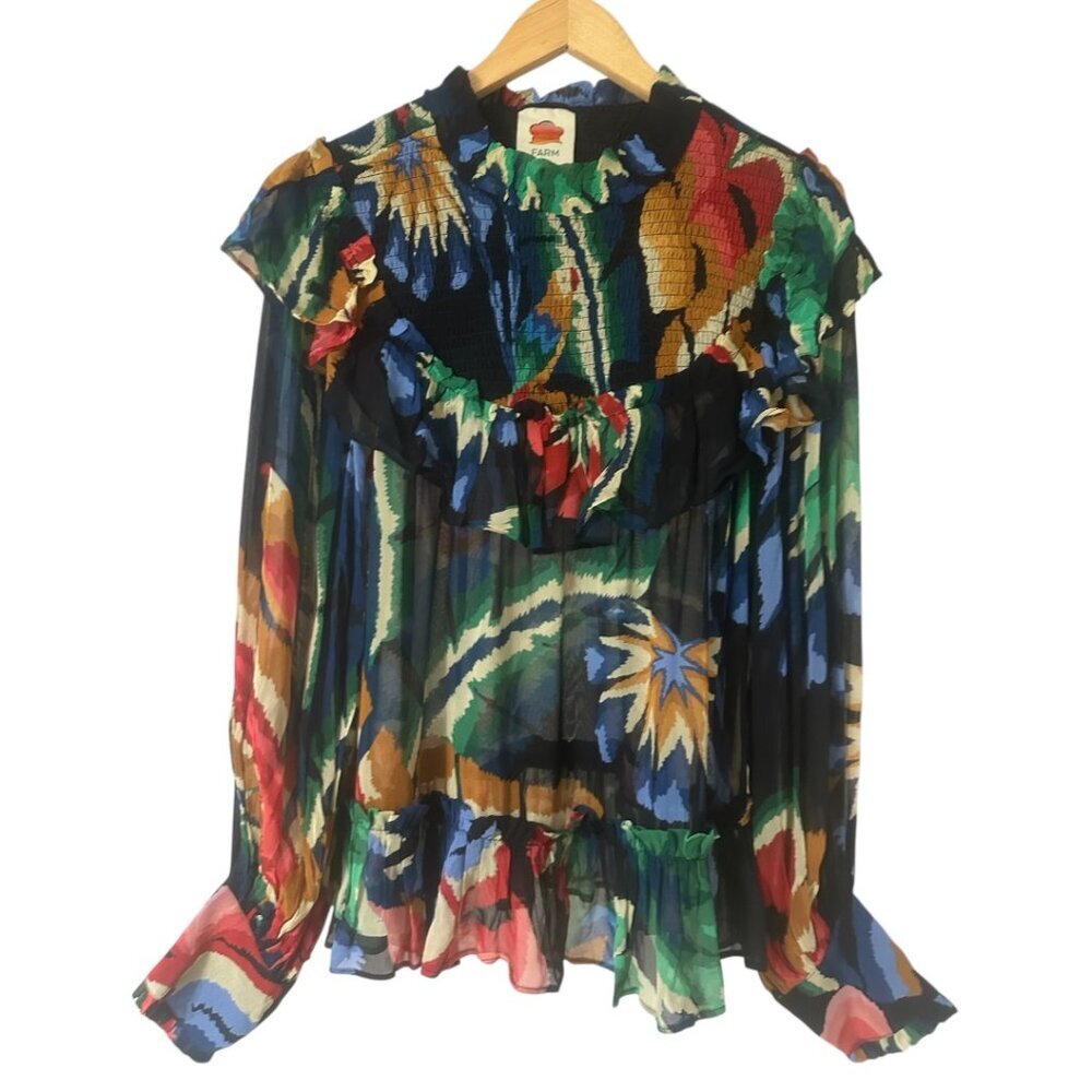 Farm Rio Chevron Forest Black Blouse Size Small Boho Festival Floral Statement - Picture 2 of 11